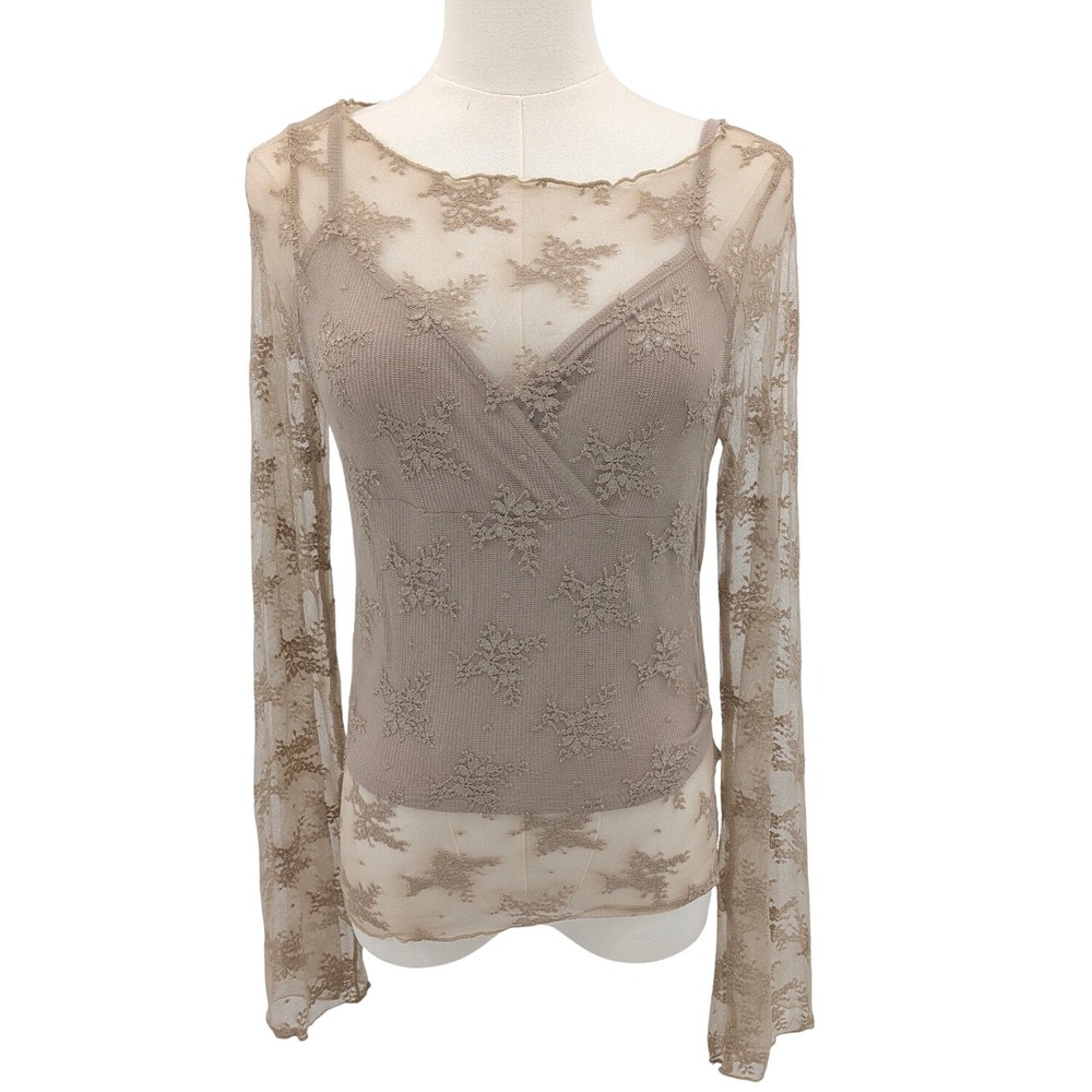 Almost‎ Famous Beige Lace Mesh Sheer Top w/ Cami Babydoll Cami Y2K Coquette Sz M